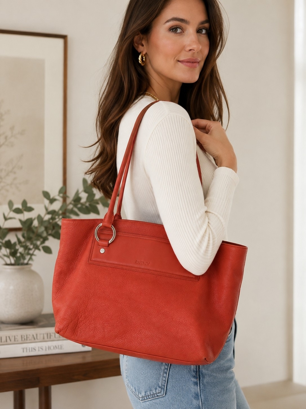 DKNY Burnt Orange Leather Tote Bag
